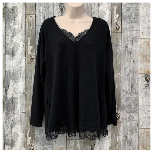 #133 Melissa Paige Black Embellished Lace Trim V-Neck Blouse Top Tunic Petite - Picture 1 of 2